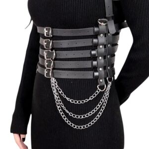 Black Multi-Strap Chain Harness Belt - Waist Cincher Style